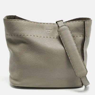 Pre-owned Fendi Anna Grey Selleria Leather Bucket Bag In Gray