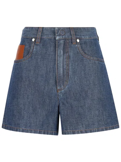 Fendi Appliqué Cotton Denim High-waist Shorts With Leather Logo Patch In Blue
