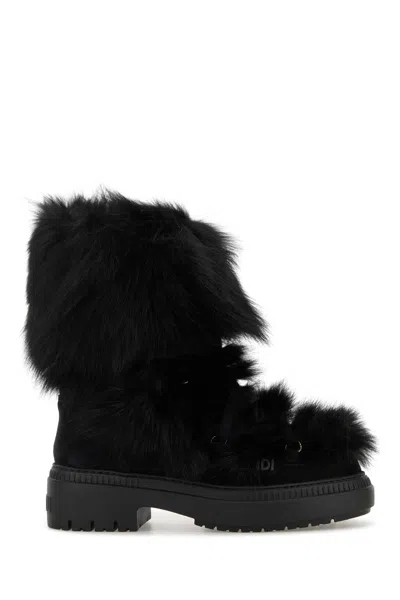 Fendi Women Black Fur And Suede Apres Chic Boots
