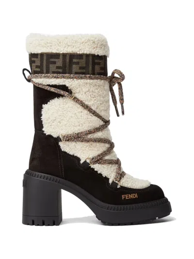 Fendi Shearling Heel Boots Iconic Motif Sole In Animal Print