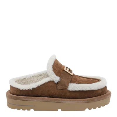 Fendi Women Beige Mules With Logo Lettering On The Rear And Ff Buckle In Suede Woman In Multi