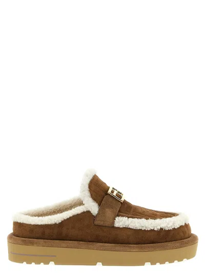 Fendi Women Beige Mules With Logo Lettering On The Rear And Ff Buckle In Suede Woman In Multi