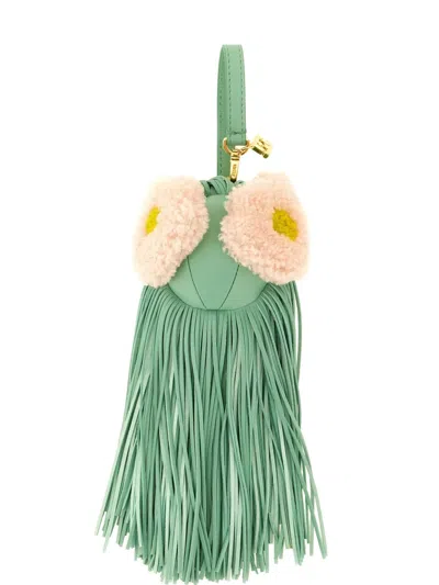 Fendi Bag Charm Top Handle Fringe Flowers Hardware In Green
