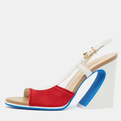 Pre-owned Fendi Arco Size 36 White Fabric And Leather Block Heel Slingback Sandals
