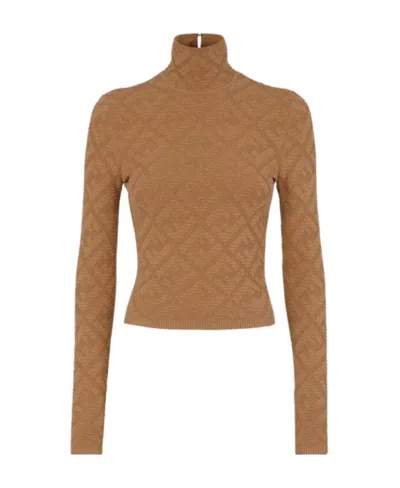 Fendi Argyle Knit Mock Neck Top In Brown