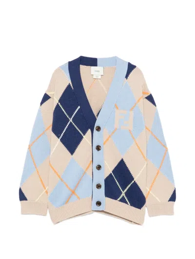 Fendi Kids' Argyle-knit Ff-motif Wool Cardigan In Neutral