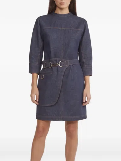 Pre-owned Fendi Asymmetric Belted Mini Dress In Blue