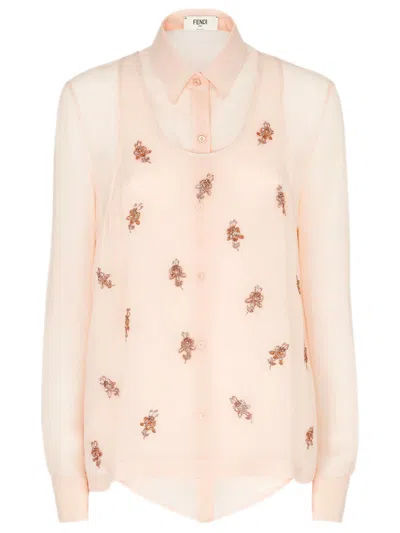 Fendi Asymmetric Floral Embellished Silk Shirt - Size 38 In Neutral