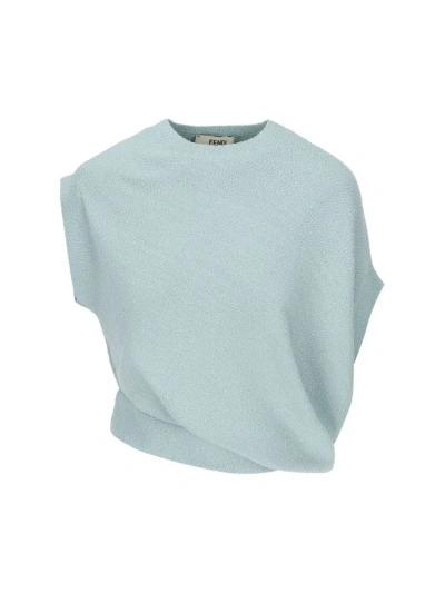 Fendi Asymmetric Hem Cape-sleeved Crewneck Jumper In Blue