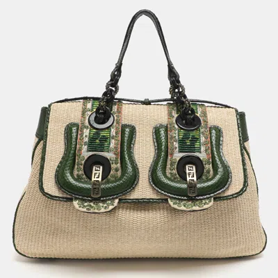 Pre-owned Fendi B Buckle Large Beige Raffia And Python Top Handle Bag In Sand