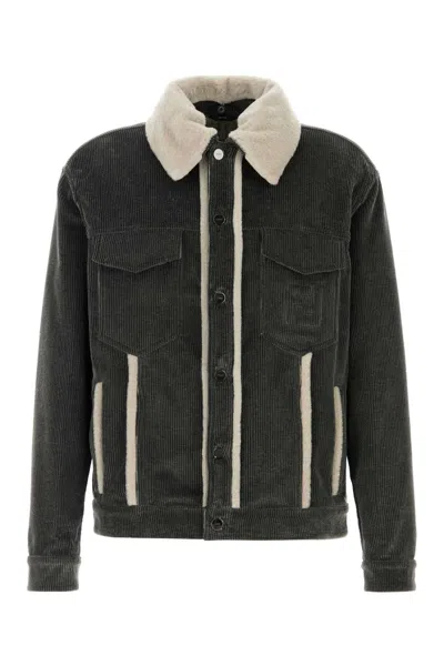 Fendi Faded Stonewash Treatment Corduroy Blouson With Sheepskin Trim Removable Collar In Multi