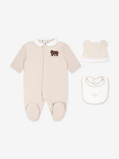 Fendi Baby Bear Babygrow Gift Set In Beige