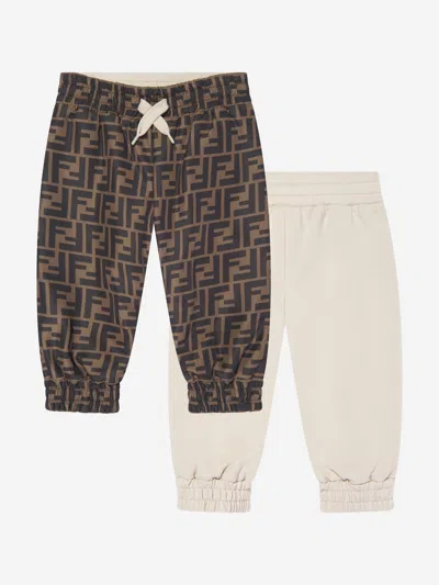 Fendi Baby Ff Logo Reversible Joggers In Beige