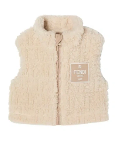Fendi Baby Gilet In Teddy-effect Wool Fabric In Neutral