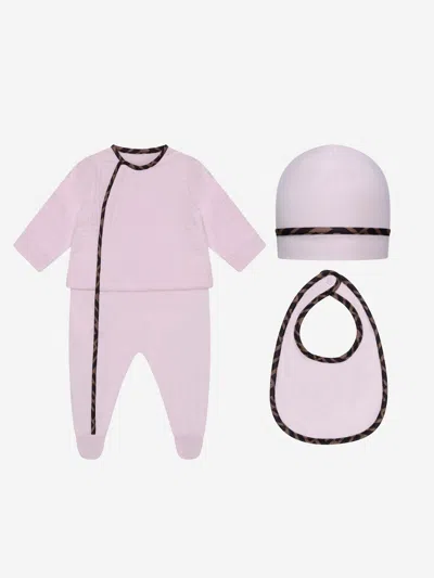 Fendi Baby Girls Cotton Babygrow Gift Set (3 Piece) In Pink