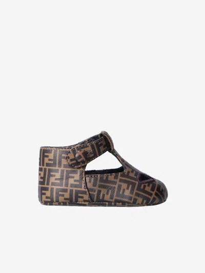 Fendi Baby Leather Ff Logo Sandals In Brown