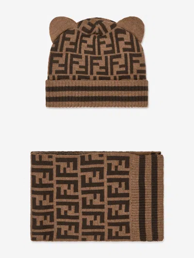 Fendi Baby Logo Hat And Scarf Set In Brown
