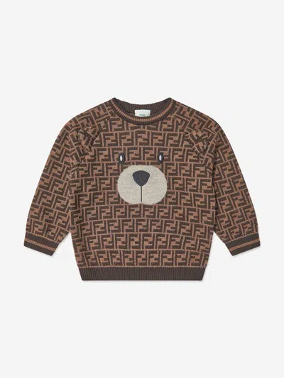 Fendi Baby Wool Ff Logo Bear Jumper In Brown