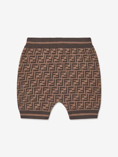 Fendi Baby Wool Knit Ff Logo Shorts In Brown