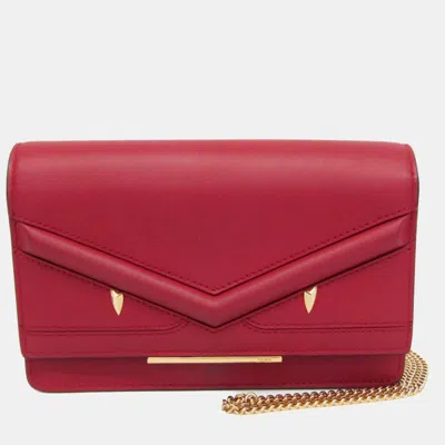 Pre-owned Fendi Bag Bugs Leather Chain/shoulder Wallet Red Color
