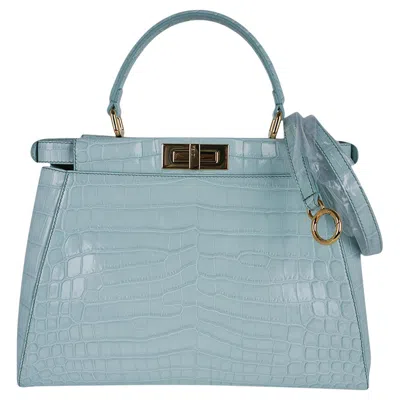 Pre-owned Fendi Bag Peekaboo Mint Crocodile Medium Satchel Pastel Ice Blue