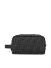 Fendi Ff Fabric Toiletry Case With Leather Handle In Black