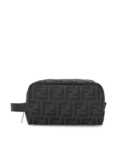 Fendi Grey Ff Fabric Toiletry Case In Black