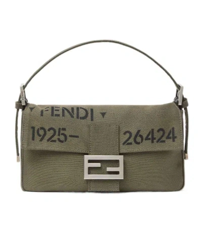 Fendi Baguette 26424 Khaki Green Canvas Bag With Stencil Print
