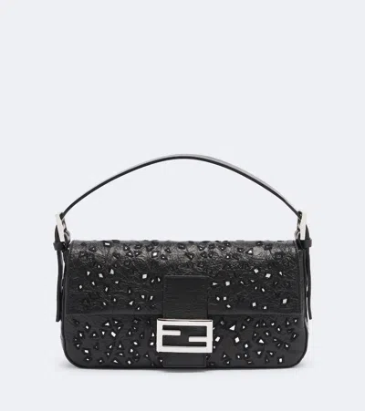 Fendi Baguette 26424 Small Embellished Leather Shoulder Bag In Black