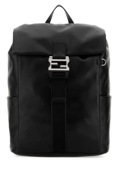 Fendi Flux Buckle Leather Backpack In Black