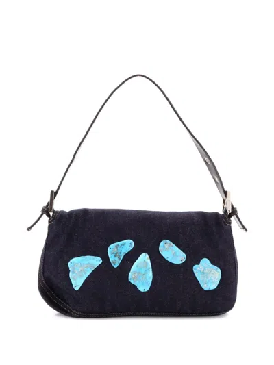 Pre-owned Fendi Baguette Bag Embellished Denim Shoulder Bag In Blue