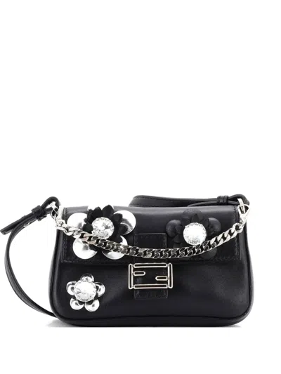 Pre-owned Fendi Baguette Bag Embellished Leather Micro Crossbody Bag In Black