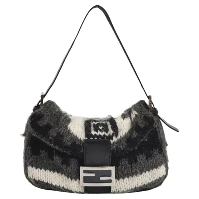Pre-owned Fendi Baguette Bag Grey And White Wool Knit Shoulder Bag