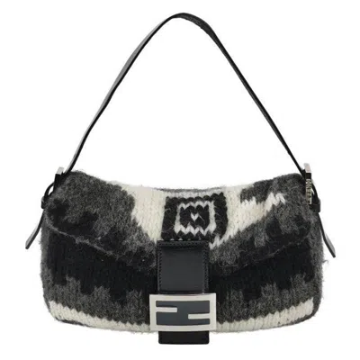 Pre-owned Fendi Baguette Bag Grey And White Wool Knit Shoulder Bag