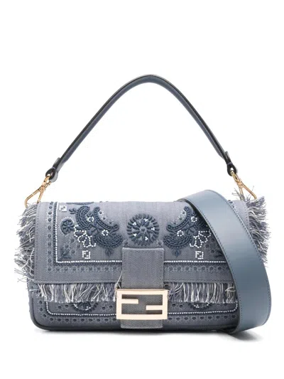 Fendi Baguette Bag In Embroidered Denim Coral Bandana