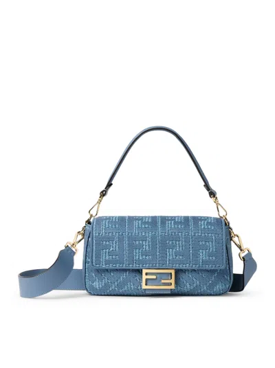Fendi Baguette Bag In Woven Raffia With Blue Ff Embroidery In White