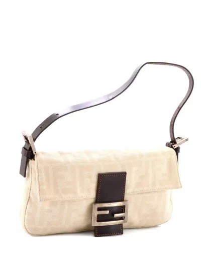 Pre-owned Fendi Baguette Bag Zucca Canvas Shoulder Bag In Neutral