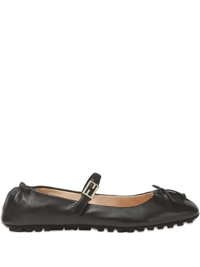Fendi Ff-logo Buckle Bow-detail Ballet Flats In Black