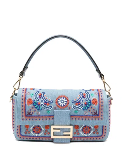 Fendi Baguette Crossbody Bag Detachable Strap Top Handle In Blue