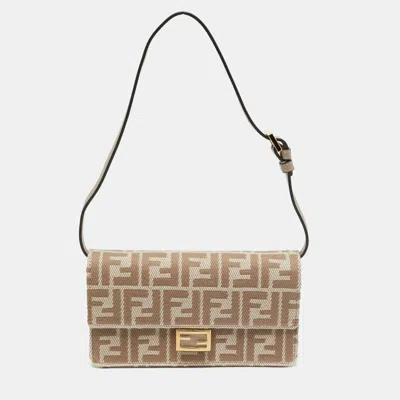 Pre-owned Fendi Baguette Beige Ff Jacquard Denim Wallet On Chain In Sand