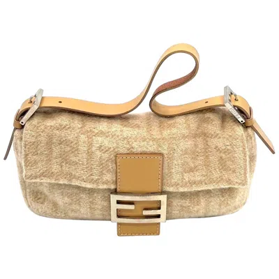Pre-owned Fendi Baguette Beige Zucca Print Wool Leather Shoulder Bag In Brown