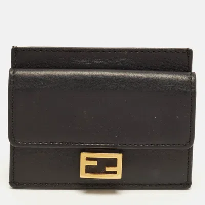 Pre-owned Fendi Baguette Black Ff Embossed Leather Card Holder