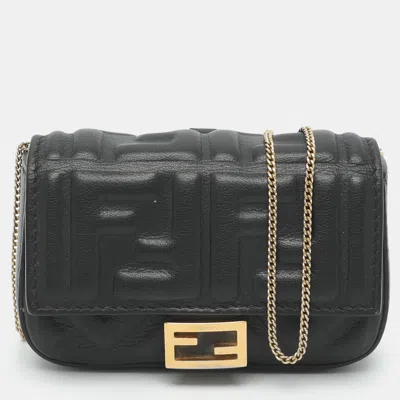 Pre-owned Fendi Baguette Black Leather Nano Charm Bag