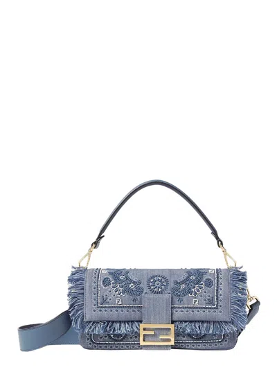 Fendi 'baguette' Blue Shoulder Bag With All-over Embroidery And Ff Plaque In Denim Woman