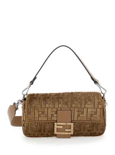 Fendi 'baguette' Brown Medium Shoulder Bag With All-over Ff Motif And Ff Logo Plaque On The Front In