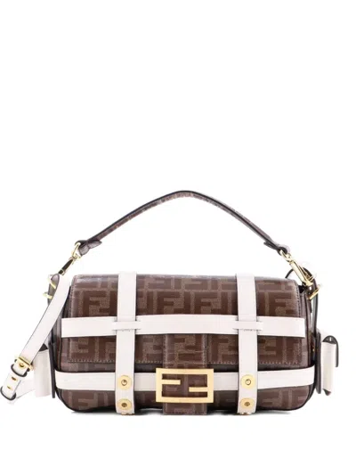 Pre-owned Fendi Baguette Cage Bag Zucca Coated Canvas And Leather Medium Crossbody Bag In Brown
