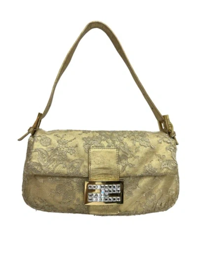 Fendi Baguette Canvas Gold Crystals In Brown