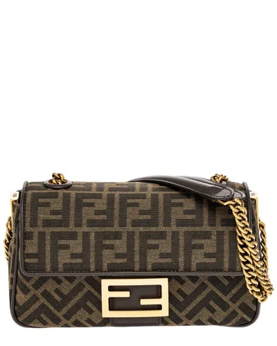 Fendi Baguette Chain Midi Leather-trim Shoulder Bag In Brown
