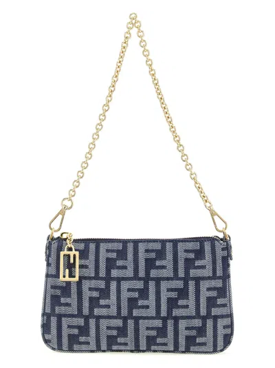 Fendi Baguette Pouch In Blue Denimeffect Ff Jacquard In Gray