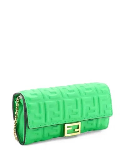 Pre-owned Fendi Baguette Continental Wallet On Chain Zucca Embossed Leather Crossbody Bag In Green